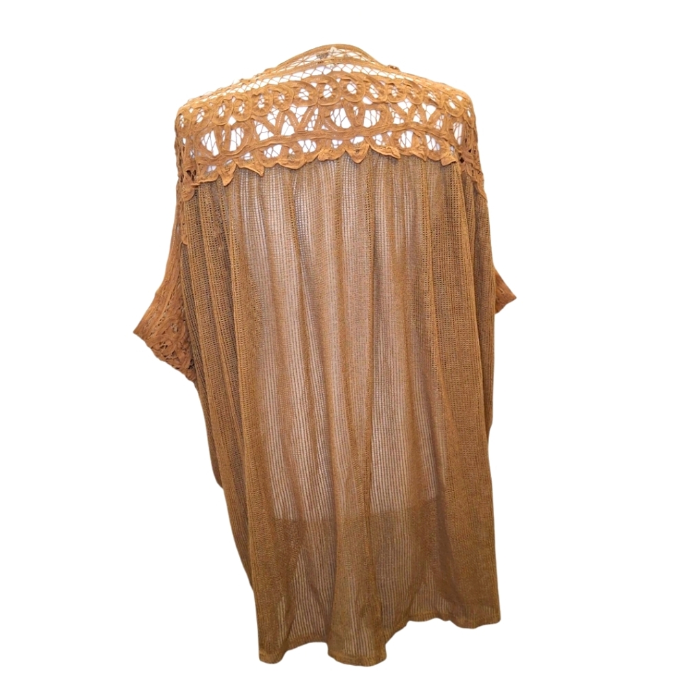 Open-Front Crochet Shoulder Knit Cardigan - Tan - Picture 5 of 9
